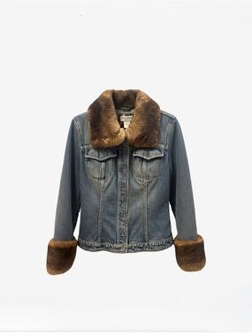 Dolce & Gabbana Vintage Y2K Fur Collar Denim Jacket Leopard Lining IT 40